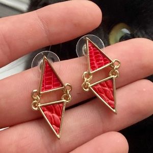3D Printed Art Deco Triangle Stud Earrings w/Red Alligator & Lizard